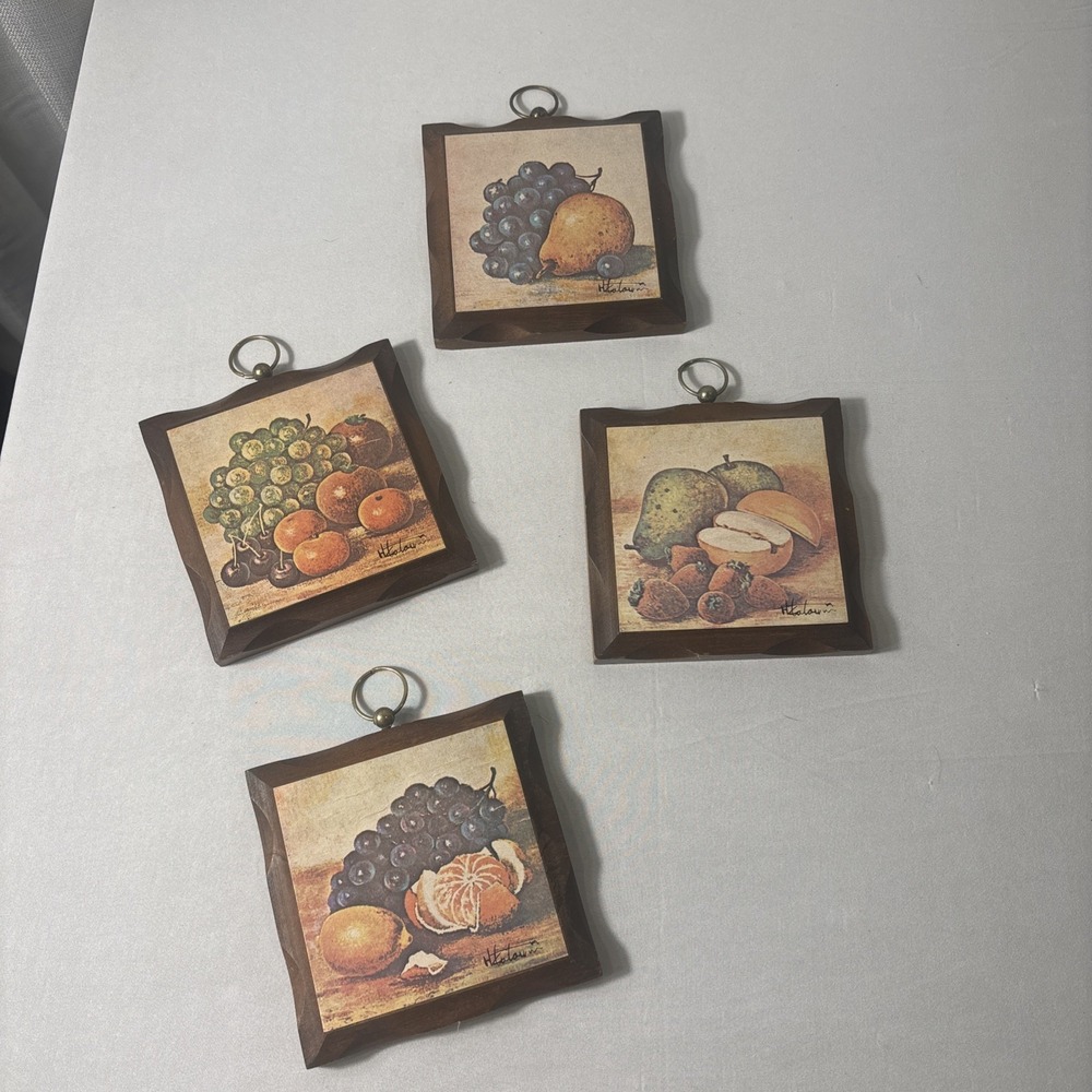 HOMCO‎ Still Life Fruit Wall Plaques Wood Hanging Decor MCM Vintage Set of 4